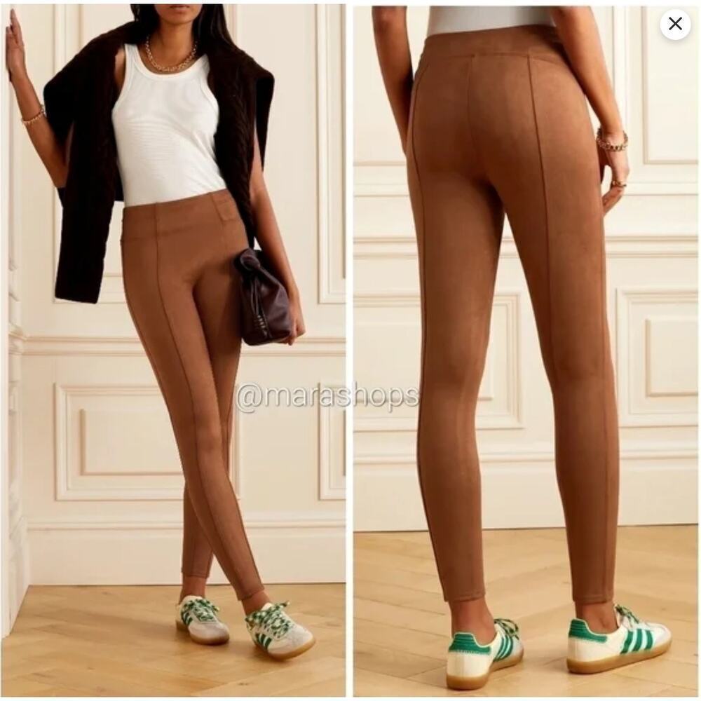 Spanx Faux Suede Leggings Sz M Cognac Brown High Rise Pull On Pant Soft